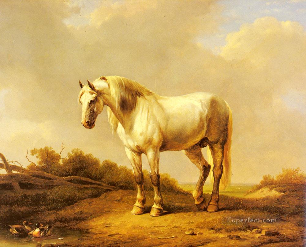 風景の中の白い種馬 ユージン・フェルベックホーフェンの馬油絵